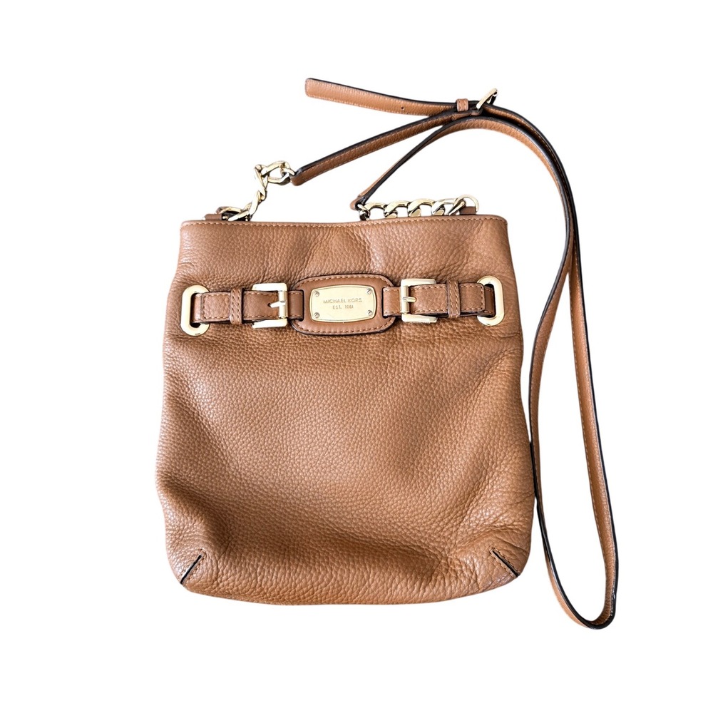Michael Kors Hamilton Crossbody Shoulder Bag Brown Pebbled Leather Gold Hardware